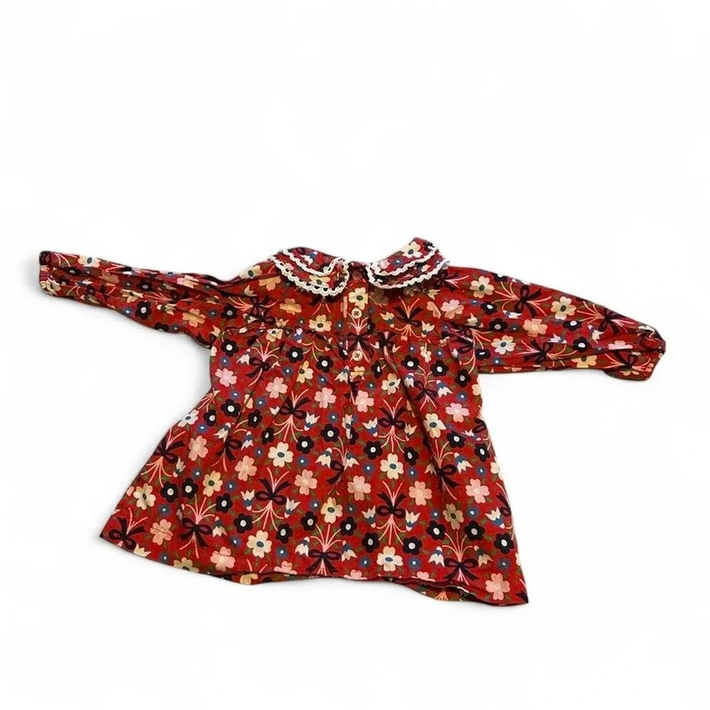 Maison Me Red Floral Baby Girl‎ Dress with Lace Collar